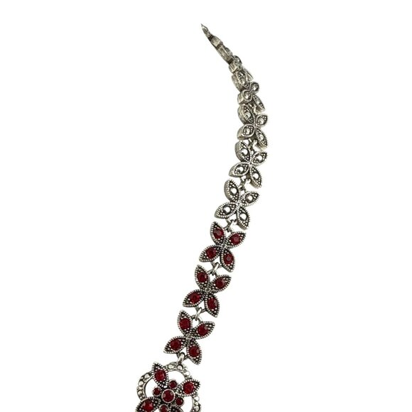 Napier Vintage Red Rhinestone Flower Statement Necklace Silver Tone - Picture 6 of 9